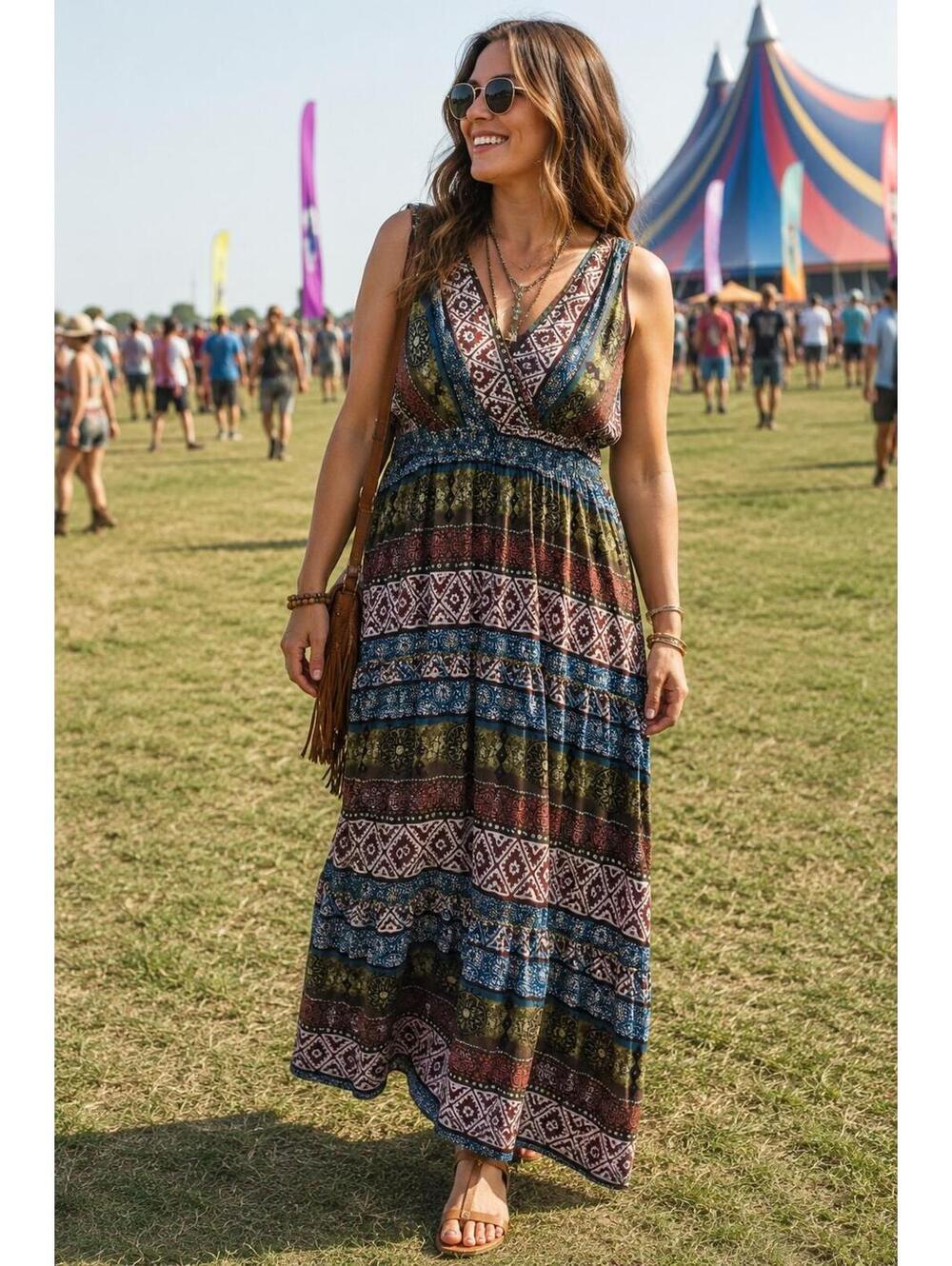 Maxi Dress Sz 18 Bohemian Roz&Ali Smocked Back/Waist Plus Size Flowy Tribal